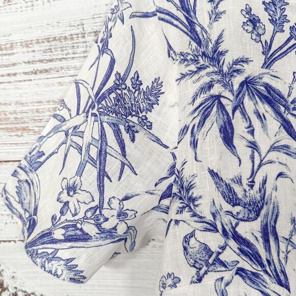 H&M Blue and White Floral Linen Wrapover Blouse, EUC, Size Small - Picture 7 of 13